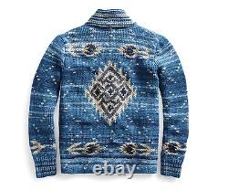 $1400 RRL Ralph Lauren Indigo Blue Shawl Southwestern Hand Knit Cardigan Large L