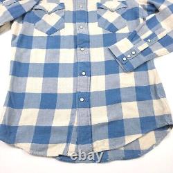 $225 RRL Ralph Lauren Blue Plaid Twill Flannel Western Shirt Mens Small