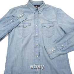 $265 RRL Ralph Lauren Davey Wash Chambray Pearl Snap Western Shirt Mens Large