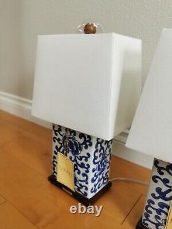 2X RALPH LAUREN Lotus Flower Blue White Chinoiserie Chinese Porcelain Table Lamp