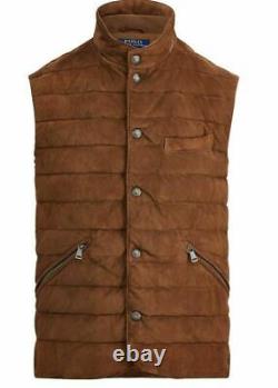 $898 Polo Ralph Lauren Mens Quilted Suede Down Brown Puffer Vest Jacket Gilet