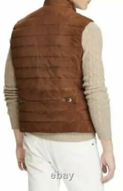 $898 Polo Ralph Lauren Mens Quilted Suede Down Brown Puffer Vest Jacket Gilet