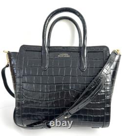 LAUREN Ralph Lauren Crocodile Embossed Leather Medium Tote Bag Black NEW