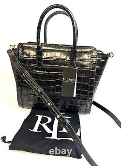 LAUREN Ralph Lauren Crocodile Embossed Leather Medium Tote Bag Black NEW
