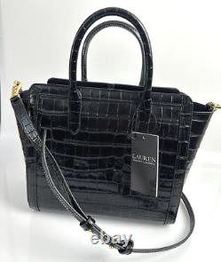 LAUREN Ralph Lauren Crocodile Embossed Leather Medium Tote Bag Black NEW