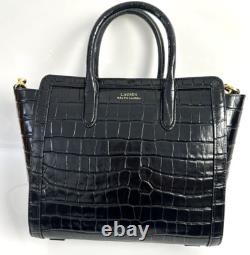 LAUREN Ralph Lauren Crocodile Embossed Leather Medium Tote Bag Black NEW