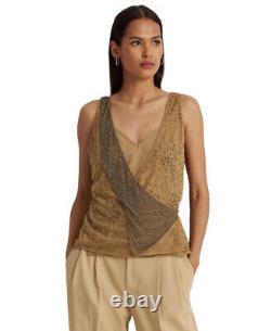 Lauren Ralph Lauren Women's Beaded Tulle Sleeveless Blouse (New Tan, Medium)