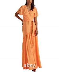 Lauren Ralph Lauren Women's Orange Crinkled Georgette Gown Dress 14 Orange