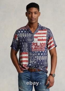 Men's Polo Ralph Lauren Classic Fit Patchwork US Flag Bandana Camp Shirt New