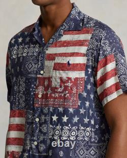 Men's Polo Ralph Lauren Classic Fit Patchwork US Flag Bandana Camp Shirt New