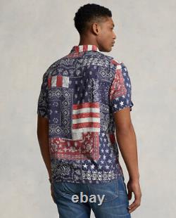 Men's Polo Ralph Lauren Classic Fit Patchwork US Flag Bandana Camp Shirt New
