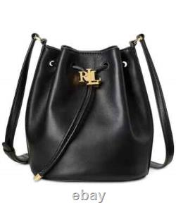 NEW LAUREN Ralph Lauren Black Leather Medium Drawstring Bucket Bag $295