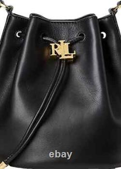NEW LAUREN Ralph Lauren Black Leather Medium Drawstring Bucket Bag $295