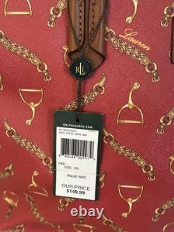 NEW! Lauren Ralph Lauren Red Equestrian-Print Classic Leather Tote Women's Bag