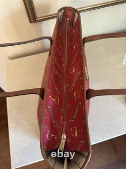 NEW! Lauren Ralph Lauren Red Equestrian-Print Classic Leather Tote Women's Bag