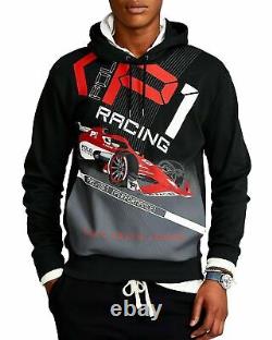 NEW POLO RALPH LAUREN Men's Black Red Interlock Cotton Racing Pullover Hoodie M