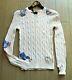New Polo Ralph Lauren Floral Patch Women's Cable Knit Crew Neck Sweater Cream