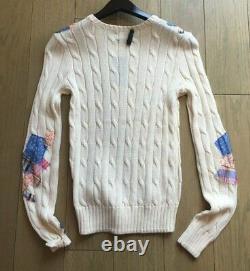 NEW Polo Ralph Lauren FLORAL PATCH Women's Cable Knit Crew Neck Sweater CREAM