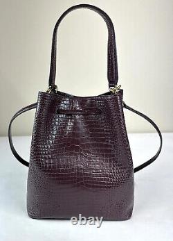 NEW RALPH LAUREN Embossed Large Drawstring Bag Croc Leather Bordeaux Women's