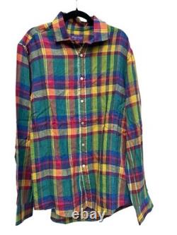 NEW Ralph Lauren Purple Label Plaid Colorful Linen Shirt Mens Large Made Italy
