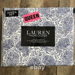 NEW Ralph Lauren Queen Sheet Set 4pc Blue White Floral 100% Cotton