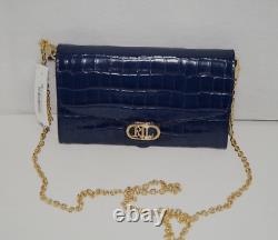 NWT Authentic RALPH LAUREN Navy Gold Chain Croc Embossed Leather Crossbody Bag