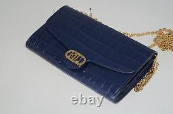 NWT Authentic RALPH LAUREN Navy Gold Chain Croc Embossed Leather Crossbody Bag