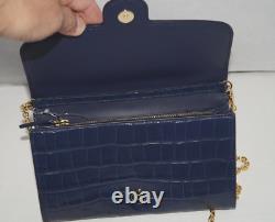 NWT Authentic RALPH LAUREN Navy Gold Chain Croc Embossed Leather Crossbody Bag