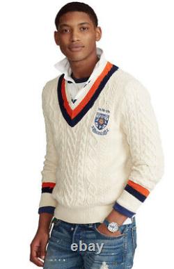 NWT POLO RALPH LAUREN Men's Shield-Patch Cable-Knit V-Neck Cricket Sweater Sm