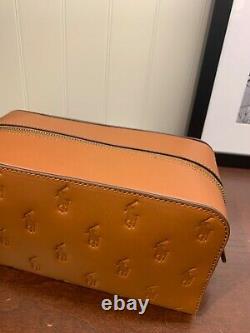 NWT Polo Ralph Lauren CAMEL BROWN Leather EMBOSSED PONY Toiletry Bag Dopp Kit