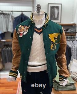 NWT Polo Ralph Lauren GREEN WOOL Leather Sleeves TIGER Varsity Jacket sz MEDIUM