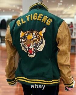 NWT Polo Ralph Lauren GREEN WOOL Leather Sleeves TIGER Varsity Jacket sz MEDIUM