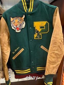 NWT Polo Ralph Lauren GREEN WOOL Leather Sleeves TIGER Varsity Jacket sz MEDIUM