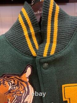 NWT Polo Ralph Lauren GREEN WOOL Leather Sleeves TIGER Varsity Jacket sz MEDIUM