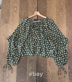 NWT Polo Ralph Lauren Geo Print Ruffle Blouse Women's S Olive/White MSRP $268