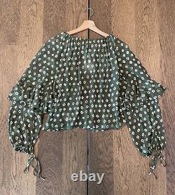 NWT Polo Ralph Lauren Geo Print Ruffle Blouse Women's S Olive/White MSRP $268