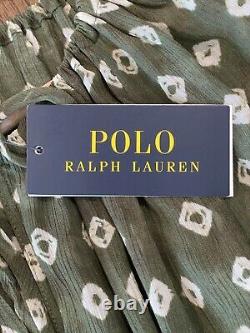 NWT Polo Ralph Lauren Geo Print Ruffle Blouse Women's S Olive/White MSRP $268