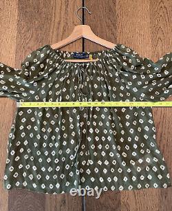 NWT Polo Ralph Lauren Geo Print Ruffle Blouse Women's S Olive/White MSRP $268