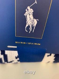 NWT Polo Ralph Lauren LARGE PONY NAVY BLUE & White KNIT 50x70 Throw Blanket
