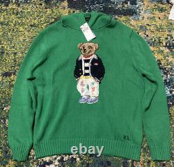 NWT Polo Ralph Lauren Men's Bear Sweater Hoodie Green Intarsia Rib Knit Cotton