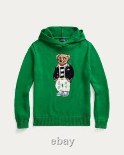 NWT Polo Ralph Lauren Men's Bear Sweater Hoodie Green Intarsia Rib Knit Cotton