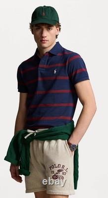 NWT Polo Ralph Lauren NAVY BURGUNDY Stripe Custom Slim Mesh Knit Collared Shirt
