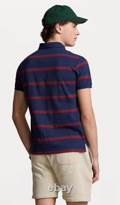 NWT Polo Ralph Lauren NAVY BURGUNDY Stripe Custom Slim Mesh Knit Collared Shirt