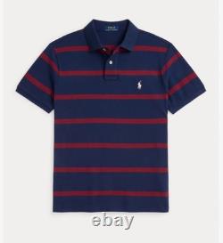 NWT Polo Ralph Lauren NAVY BURGUNDY Stripe Custom Slim Mesh Knit Collared Shirt