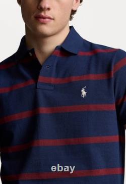 NWT Polo Ralph Lauren NAVY BURGUNDY Stripe Custom Slim Mesh Knit Collared Shirt
