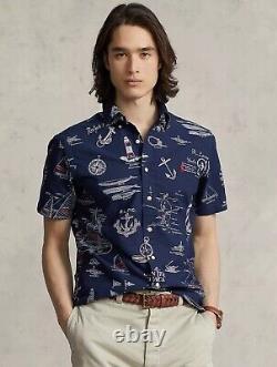 NWT Polo Ralph Lauren Navy NAUTICAL PRINT Slim Fit Short Sleeve Oxford Shirt