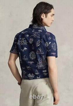 NWT Polo Ralph Lauren Navy NAUTICAL PRINT Slim Fit Short Sleeve Oxford Shirt