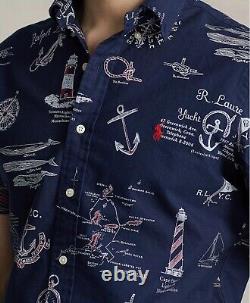 NWT Polo Ralph Lauren Navy NAUTICAL PRINT Slim Fit Short Sleeve Oxford Shirt