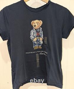 NWT Polo Ralph Lauren Women's Jeans Suit Polo Bear Tee Shirt in Navy Blue