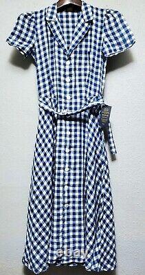 NWT Polo Ralph Lauren Women's Size 8 Belted Linen Blue/White Check Midi Dress